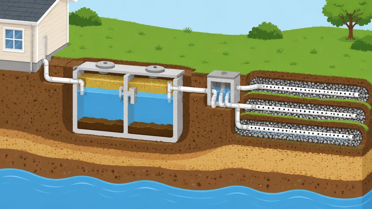 Cutaway illustration of a house, a buried septic tank and a drain field of perforated pipes in gravel trenches over groundwater