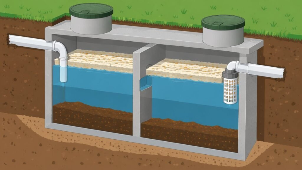 Cutaway of a two-compartment septic tank showing floating scum, clear liquid and settled sludge, with an effluent filter at the outlet