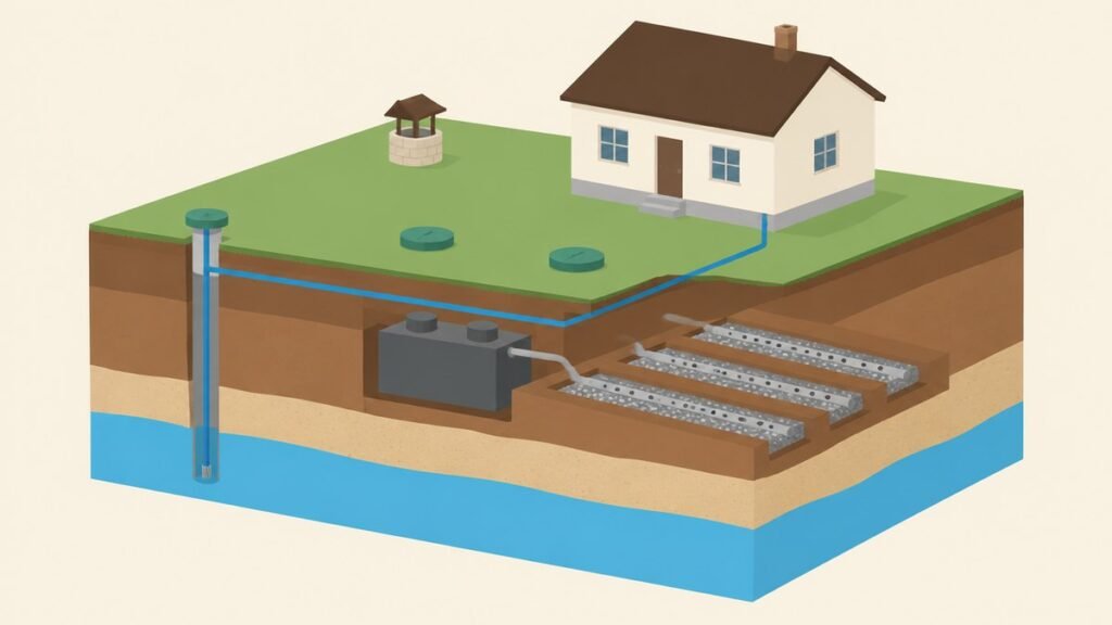 Flat illustration of a house, a buried septic tank with a drain field and a private well, with all pipes underground
